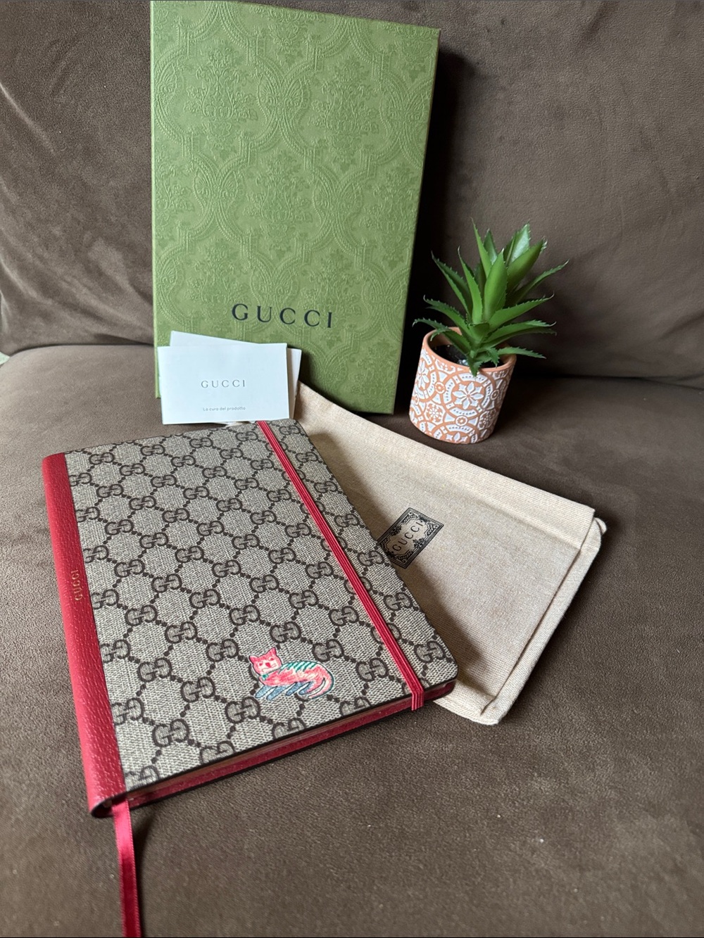 Gucci Monogram Notebook with Red Trim and Cat Patch With Dust Bag and Box